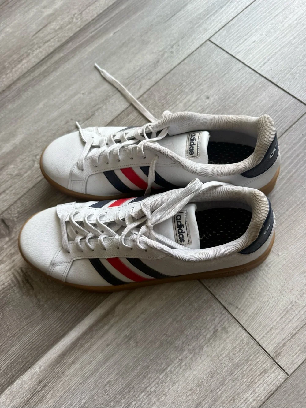 adidas White Sneakers with Navy & Red Side Stripes